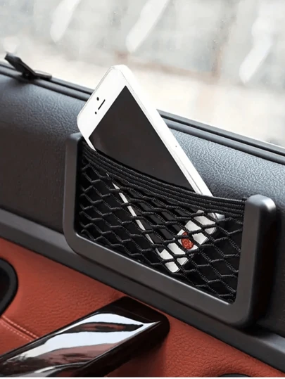 Car Organizer Bag, Multi-Functional Car Seat Side Storage Net Bag - Adhesive Organizer, Stick-On Storage Bag, Phone Holder, Lipstick Holder