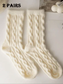 1 Đôi tất đi trong nhà mềm mại, dày dặn, màu trơn, ấm áp, dài đến bắp chân, mùa thu/đông dành cho nữ - trắng - Xem 13
