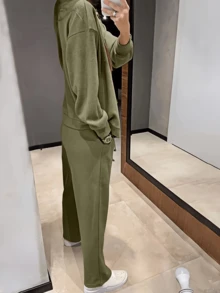 YI XUAN Plus Size Women 2 Pieces Set, Casual Knit Button-Up Cardigan Jacket And Drawstring Pants Elegant Spring - Green - View 3
