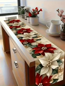1 pieza Camino de mesa de Flor de Pascua roja - Decoración navideña de poliéster premium con hojas verdes y perlas blancas, elegante mantel largo para mesas festivas y de fiesta, cocina, exterior - Regalo para el hogar en vacaciones, decoración navideña - Multicolor - Ver 4