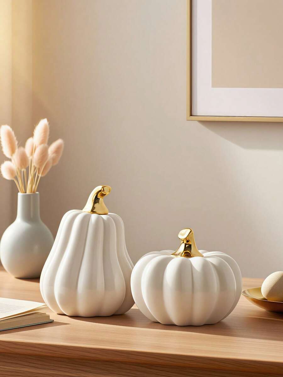 1pc Ceramic Pumpkin Figurine Mini Artificial Pumpkin Halloween Figurine Suitable For Fall Thanksgiving Table Decoration - Orange - View 1