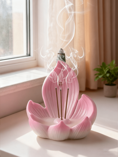 1个粉色莲花树脂香炉，这款花朵造型的香炉适合冥想角、瑜伽室或作为卧室装饰，增添宁静优雅的氛围。