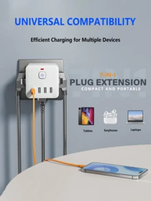 1 Piece 7-In-1 Multi-Function Power Strip, Equipped With Surge Protector, 3 EU Power Sockets, 3 USB-A Ports, 1 USB-C Port, Wall Adapter With Overload Protection And Independent Switch, Suitable For Home, Office, Travel, Bedroom, Gaming Room And Other Scenarios - EU F Type Plug(220-240V) - View 11