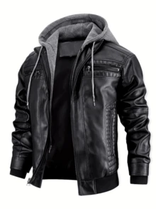 Men's Casual Stand Collar PU Faux Leather Zip-Up Motorcycle Bomber Jacket With A Removable Hood - 黑色 - 查看 11