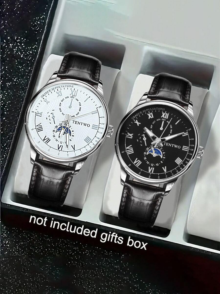 Set 2 Jam Tangan Pria, Jam Tangan Quartz Pria Gaya Sederhana, Cocok untuk Pemakaian Sehari-hari, Acara Bisnis dan Santai, Cocok untuk Dipakai Setiap Hari - Hitam - View 1