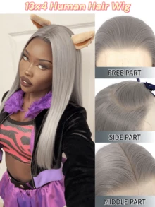 灰色直发真人发假发，13x4蕾丝前假发，预先拔毛，带婴儿发，150%密度，透明蕾丝前假发，适合女性，适用于各种场合，包括音乐节、派对、角色扮演、节日和所有季节。