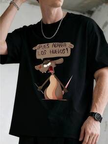 Camisetas casuales para hombres de algodón puro de 250g grueso y cómodo con estampado de ratón enojado de dibujos animados y texto en español ¡PUES AGARRA LOS HUEVOS! - Negro - Ver 2