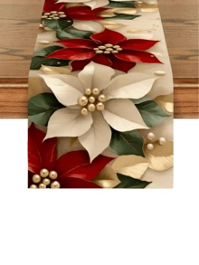 1 pieza Camino de mesa de Flor de Pascua roja - Decoración navideña de poliéster premium con hojas verdes y perlas blancas, elegante mantel largo para mesas festivas y de fiesta, cocina, exterior - Regalo para el hogar en vacaciones, decoración navideña - Multicolor - Ver 7