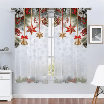 2pcs Christmas Bell & Star Sheer Curtains Deck Your Space With These Sheer Curtains Showcasing Golden Bells, Red Stars, Pinecones, And Berries. The Festive Design, With Light Blue Snowflakes, Brings A Merry Christmas Vibe, Softly Filtering Light To Create A Warm And Inviting Holiday Atmosphere.