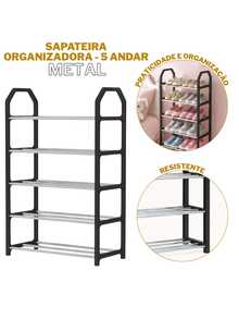 Sapateira Organizadora Metal Preta 4 ou 5 Andares Calçados Estrutura Leve Funcional Montagem Fácil Organização Espaço Armário Quarto - Preto - Visão 11