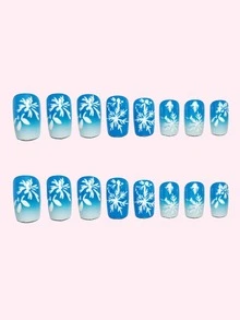 24 piezas de uñas postizas con diseño de escena nevada navideña - Diseño de copos de nieve en degradado azul-blanco, uñas postizas removibles
