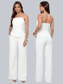 H&N STORES WOMEN'S LONG STRAP-OFF BLOUSE AND PANTS SET - White - View 1