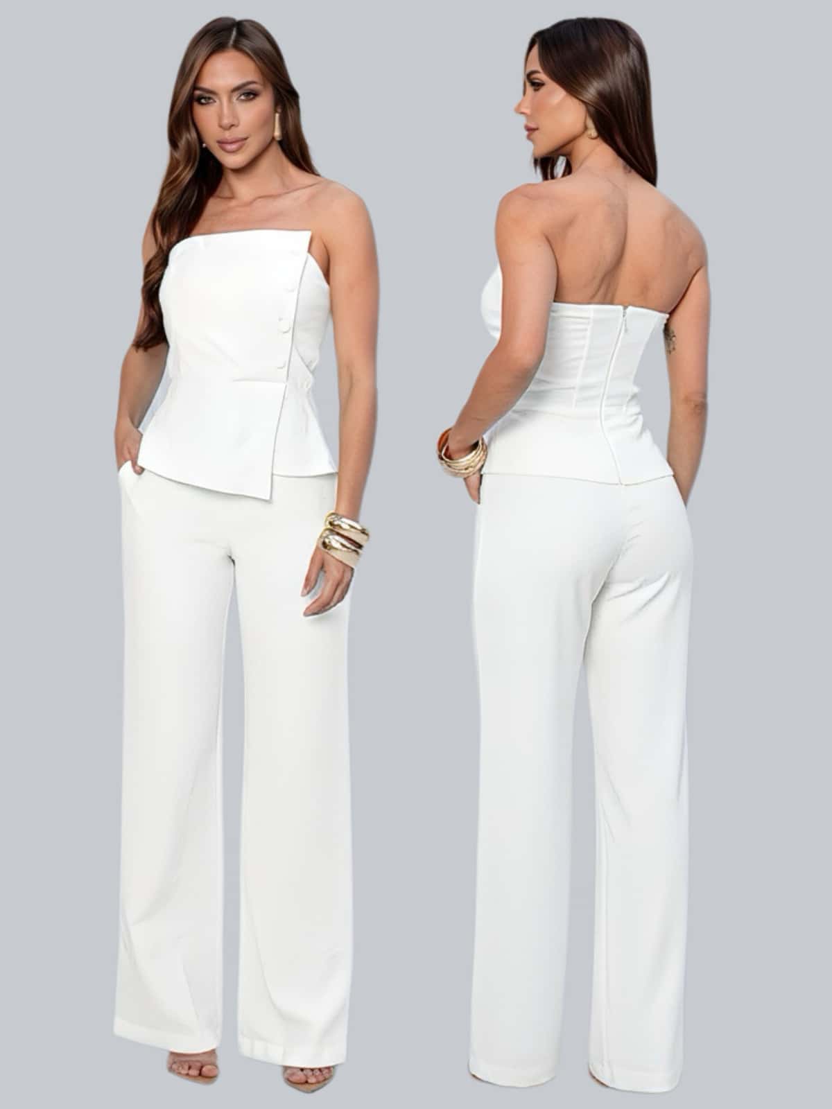 H&N STORES WOMEN'S LONG STRAP-OFF BLOUSE AND PANTS SET - White - View 1