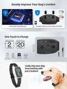 可充电智能防吠狗项圈，4 种模式组合，彩色屏幕，8 种可调节灵敏度等级（蜂鸣、振动和电击），适用于小型、中型和大型犬，防吠训练用品