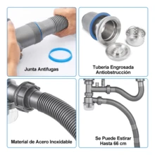 Cespol Desagüe Fregadero Cocina Baño Tubo Doble Flexible - Gris - Ver 8