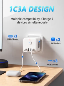 1 Piece 7-In-1 Multi-Function Power Strip, Equipped With Surge Protector, 3 EU Power Sockets, 3 USB-A Ports, 1 USB-C Port, Wall Adapter With Overload Protection And Independent Switch, Suitable For Home, Office, Travel, Bedroom, Gaming Room And Other Scenarios - EU F Type Plug(220-240V) - View 3