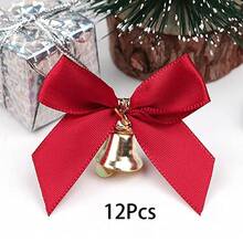 2/4/12pcs DIY Christmas Satin Ribbon Bow Bells Crafts, Red Ribbon Gift Wrapping Sealing Bows Bells, Christmas Decor Hanging Bells - Red - View 9