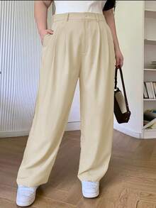 Plus Size Women's Solid Color Loose Straight Trousers With Pockets Versatile Style Business Suit Pantaloons - Krem - View 1