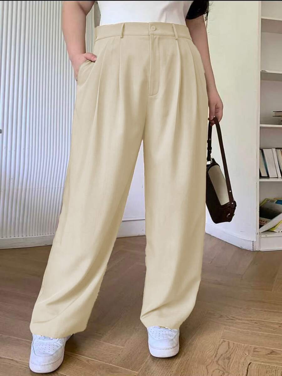 Plus Size Women's Solid Color Loose Straight Trousers With Pockets Versatile Style Business Suit Pantaloons - Krem - View 1