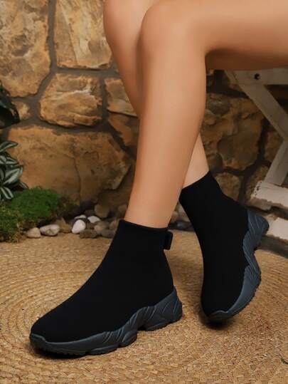 Women's All Black Casual Sneakers, Cushioned Shock Absorbing Running Shoes, Comfortable Shoes For Dancing, Nursing, Platform, Chunky Sneakers