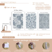 3 件/套 William Morris 植物帆布墙饰 - 优雅的蓝色花朵和叶子墙饰，带或不带框架 - 现代经典风格，适用于客厅、卧室、厨房、家庭办公室 - 防水、高品质印刷品、极简主义海报、白色和蓝色、大学宿舍公寓装饰