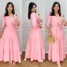 Women's Long Dress With 3/4 Sleeves In Plain Colors In Crepe Silk - 淡粉色光滑 - 查看 1