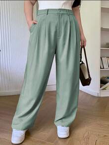 Plus Size Women's Solid Color Loose Straight Trousers With Pockets Versatile Style Business Suit Pantaloons - Green - View 3