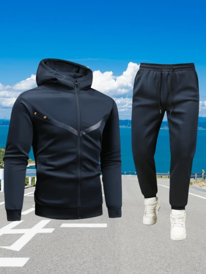 Men's Casual Sports Suit, Hooded Sweatshirt With Drawstring, Pants Set, Outdoor Sports, Running, Fitness, Home Wear, High Quality Men Sports Top And Bottom Set Spring