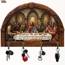 1 pieza, Escena de la Última Cena impresa en 2D, Perchero de madera multicolor minimalista con 4 ganchos de metal, Decoración de pared, Decoración de entrada, Decoración de habitación, Decoración de villa, Decoración del hogar multiusos para 11 fiestas - A - Ver 10