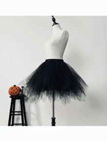 1pc Solid Color Vintage Polyester Asymmetrical Mesh Black Mini Skirt, Suitable For Photography, Cosplay, Petticoat, Autumn/Winter,Elegant,Party - Black - View 3