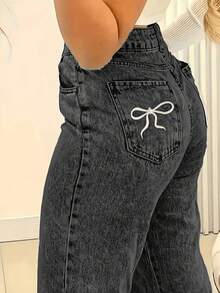 Women's Embroidered Bow Pocket Straight Loose Casual Versatile Jeans Spring Black - Black - View 2