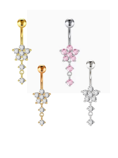1pc Fashionable Unique Gold Stainless Steel Rhinestone Tassel Flower Navel Piercing, Women's Body Jewelry