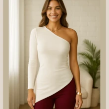 Women's Asymmetrical Blouse, Elegant One Shoulder, Long Sleeve, Premium Ribbed - 白色 - 查看 4