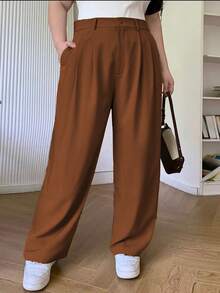 Plus Size Women's Solid Color Loose Straight Trousers With Pockets Versatile Style Business Suit Pantaloons - Coklat - View 2