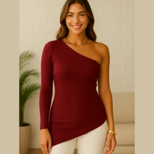 Women's Asymmetrical Blouse, Elegant One Shoulder, Long Sleeve, Premium Ribbed - 紅木色 - 查看 3