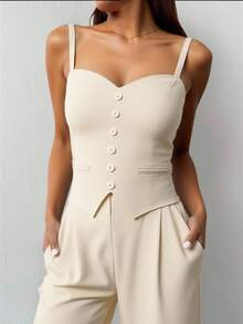 Women's Tank Top With Straps And Wide Leg Pants Set, Elegant Tailoring, Casual, Work, Party, Simple, Plain - 米色 - 查看 3