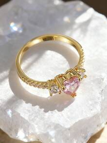Charm-In 1入組鍍銅18K金鑲嵌粉色的心形方晶鋯石圓環適合女孩 - 金黃色 - 查看 4
