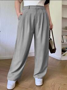 Plus Size Women's Solid Color Loose Straight Trousers With Pockets Versatile Style Business Suit Pantaloons - Grey - View 1