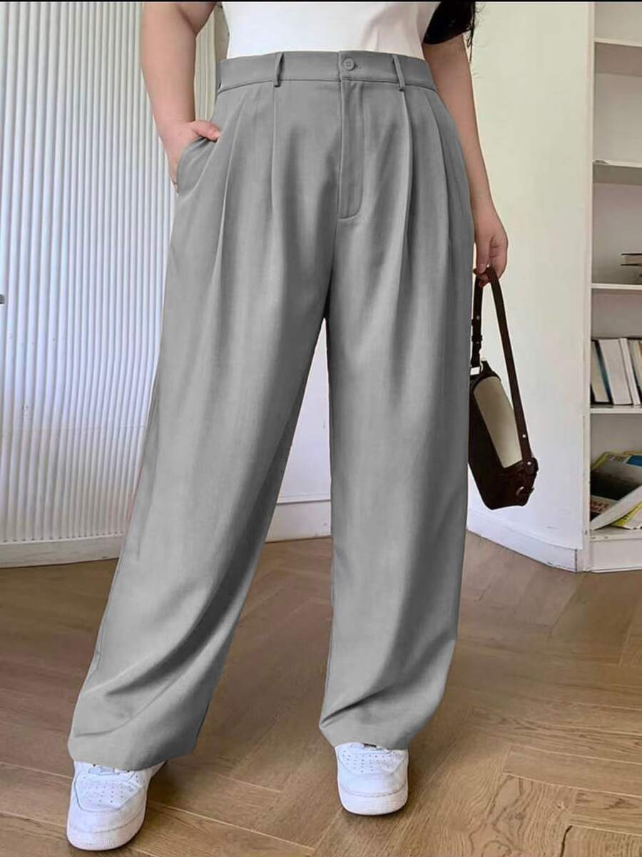 Plus Size Women's Solid Color Loose Straight Trousers With Pockets Versatile Style Business Suit Pantaloons - Grey - View 1