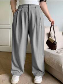 Plus Size Women's Solid Color Loose Straight Trousers With Pockets Versatile Style Business Suit Pantaloons - Grey - View 3