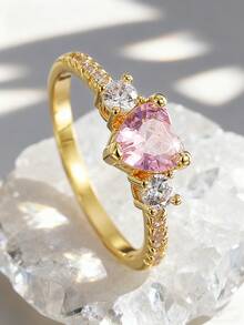 Charm-In 1入組鍍銅18K金鑲嵌粉色的心形方晶鋯石圓環適合女孩 - 金黃色 - 查看 3