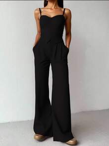 Women's Tank Top With Straps And Wide Leg Pants Set, Elegant Tailoring, Casual, Work, Party, Simple, Plain - 黑色 - 查看 1