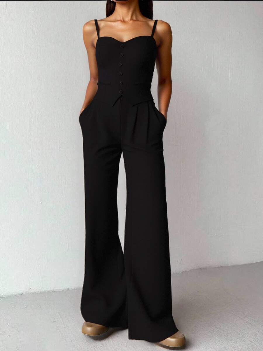 Women's Tank Top With Straps And Wide Leg Pants Set, Elegant Tailoring, Casual, Work, Party, Simple, Plain - 黑色 - 查看 1