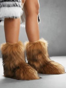 Women's Winter Furry Snow Boots Fuzzy Fluffy Round Toe Suede Booties Flat Heel Slip On Outdoor Indoor Shoes Fashion Warm Fluffy Shoes - 棕色 - 查看 4