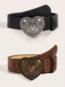 2条经典心形纯色印花PU皮革复古西部风格心形扣腰带，适合四季情人节、夏季、秋季、万圣节等场合。