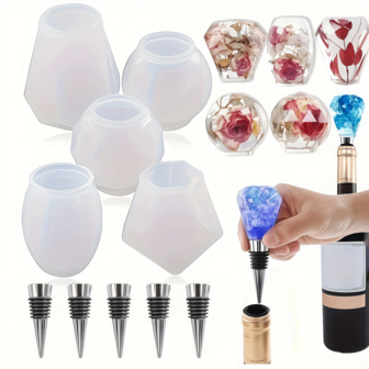 5件树脂酒瓶塞模具套装/5件酒瓶塞、环氧树脂酒瓶塞硅胶模具、瓶塞环氧树脂硅胶模具套装、几何球形瓶塞树脂模具、水晶滴胶树脂红酒瓶塞硅胶模具