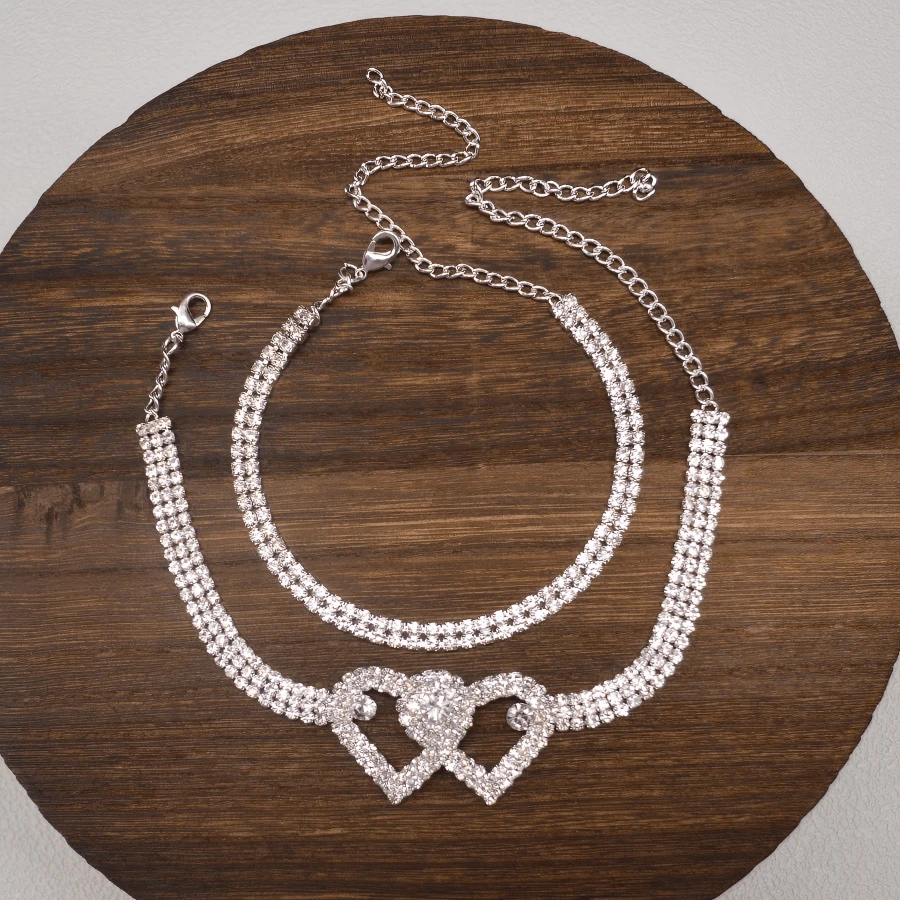 Double Heart Rhinestone Anklet, Fully Sparkling Asymmetrical Diamond Shaped Rhinestone Beach Anklet