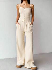 Women's Tank Top With Straps And Wide Leg Pants Set, Elegant Tailoring, Casual, Work, Party, Simple, Plain - 米色 - 查看 2