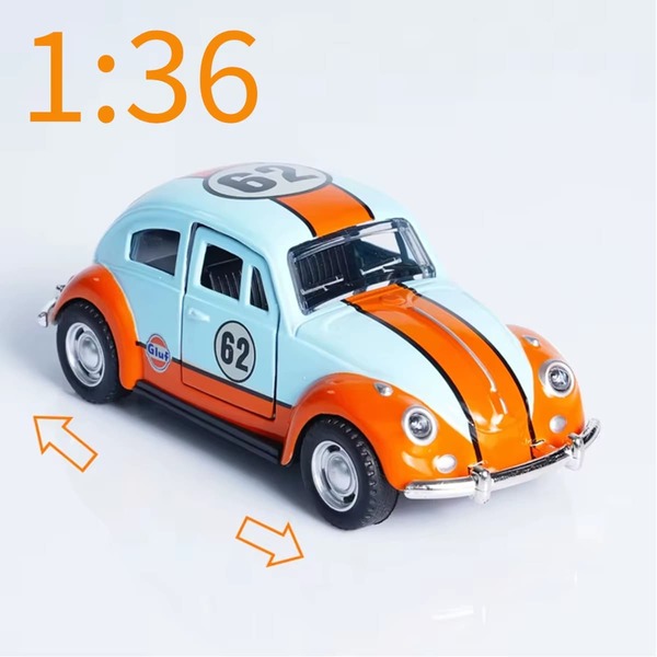 Modelo de Fusca Vintage em Metal Fundido em Escala 1:36 em Laranja-Branco/Laranja/Verde Multicolorido Características: Portas que Abre e Função de Descida de Corda - Cores Vibrantes Ideal para Colecionar, Brincar, Exibir na Mesa, Decoração de Casa, Jogos Criativos ou como Presente de Halloween/Natal
