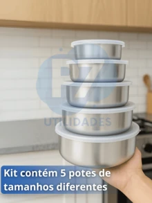 Set Of 5 Stainless Steel Bowls With Lids, Round Pots 285ml To 1430ml, Airtight Kitchen Pot Kit - Stainless Steel - View 2